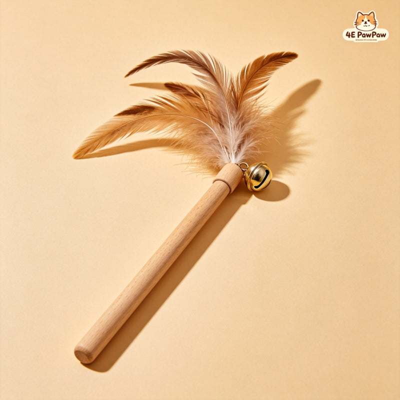 Wooden Handle Feather Bell Cat Wand - Long Reach Interactive Toy